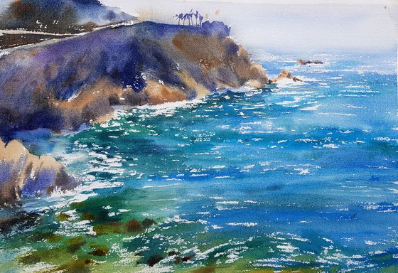 Watercolor seascape. Pacific Ocean. Surf in Acapulco. Mexico