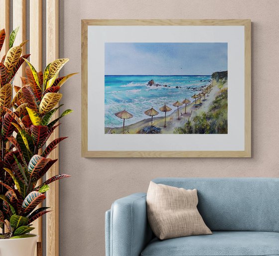 Greece paradise watercolor painting (2022) | Original Hand-painted Art Small Artist | Mediterranean Europe Impressionistic