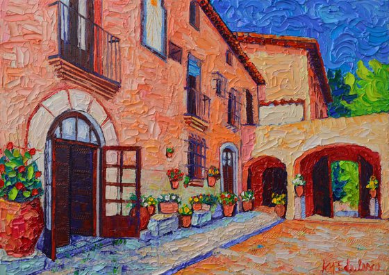 SPANISH VILLA IN SITGES SPAIN CONTEMPORARY IMPRESSIONIST IMPASTO PALETTE KNIFE OIL PAINTING