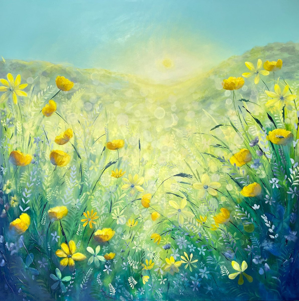 Impressionistic Landscape Acrylic Painting By Emma Sian Pritchard, 50 X 50, Sunrise Over The Meadow, Original Artwork