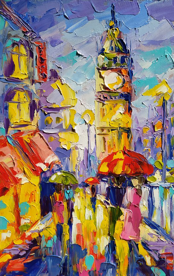 Walk near Big Ben - cityscape, umbrella, oil painting, city, gift idea, gift, oil painting, Big Ben, London, United Kingdom