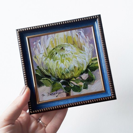 Small painting framed 10x10 white protea flower art original, Unique protea wall art