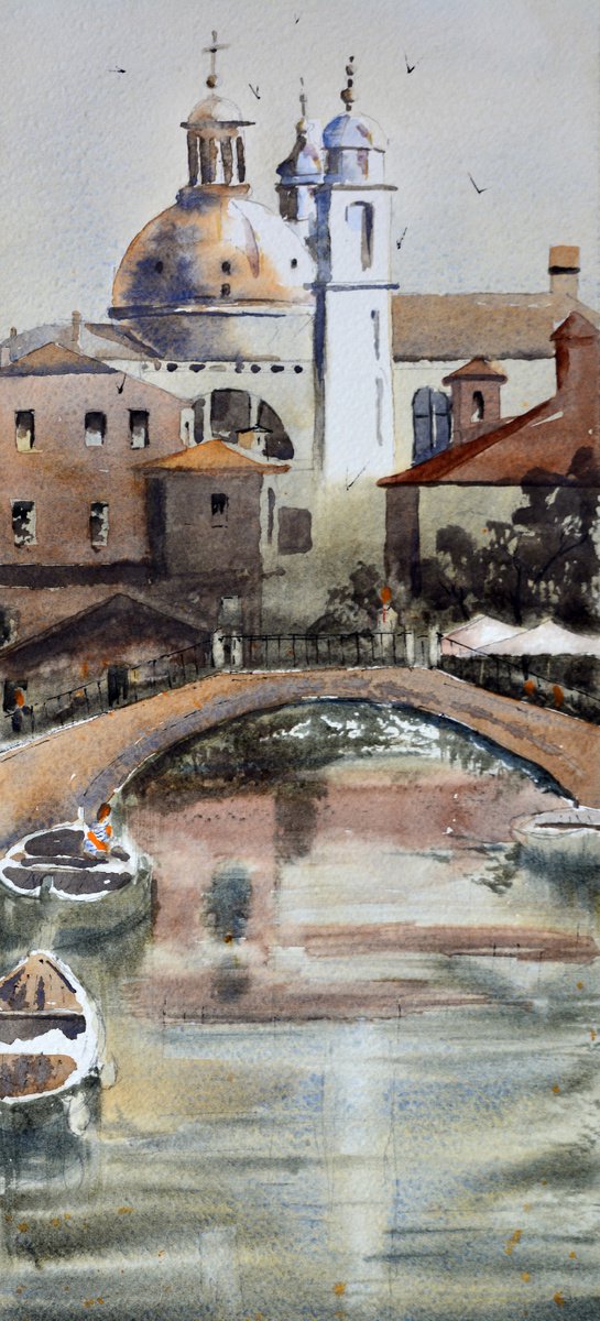 Venice Canal boat and bridge Venice Italy 17x36 cm 2022 by Nenad Kojic watercolorist