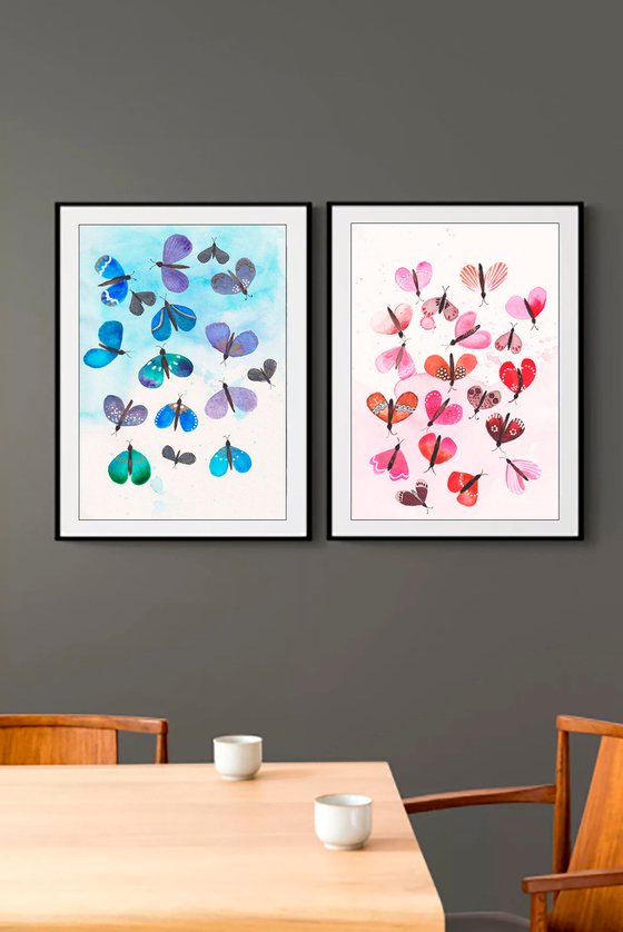 "Butterflies" set of 2 Paintings, watercolor painting on paper, wall art, interior art, interior design, gift, food art.