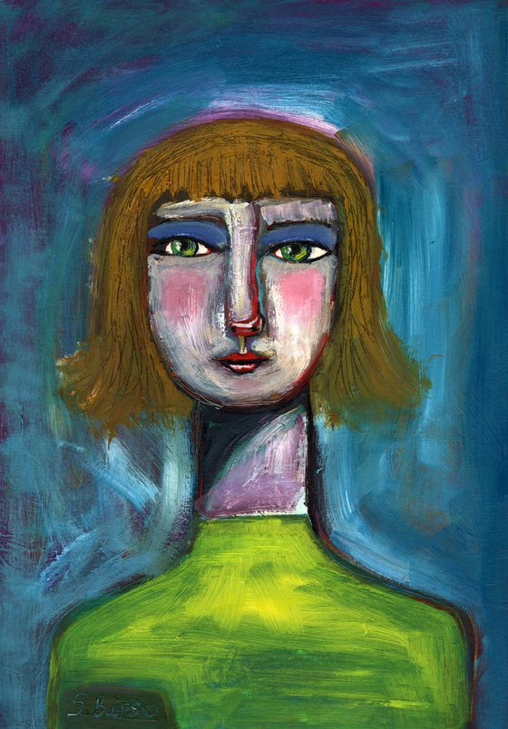 Portrait Oil Face Betty on a Date Humour Funny Quirky woman lady