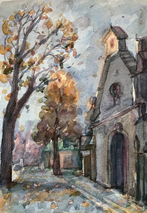 Polish Church in Autumn watercolour painting original by Roman Sergienko