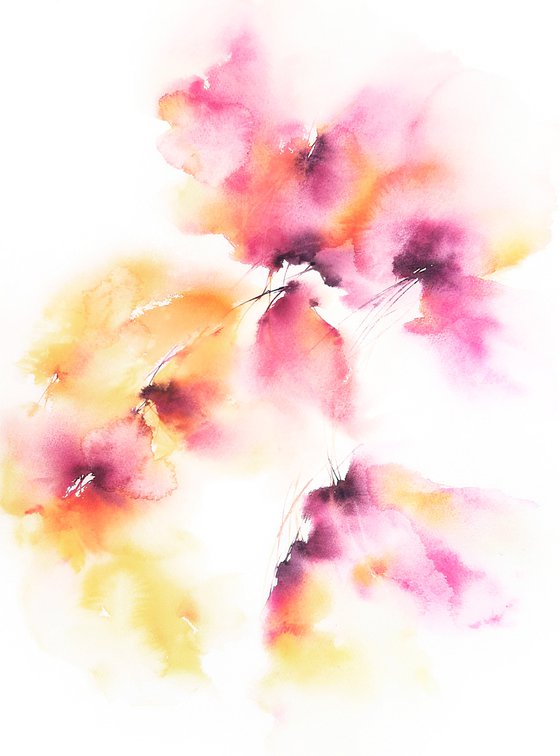 Pink yellow flowers, abstract floral bouquet, watercolor painting "Spring spirit"