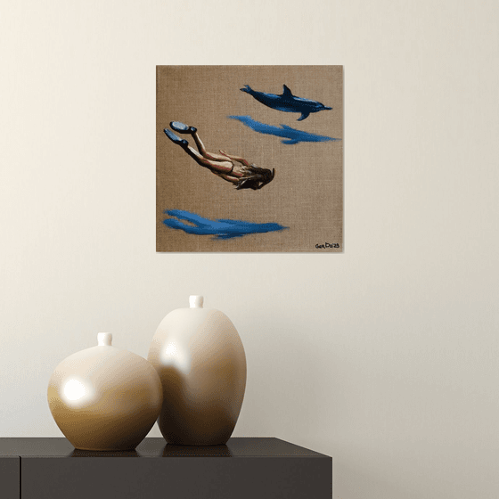 Swimming with a dolphin - Underwater SwimmerWoman Painting