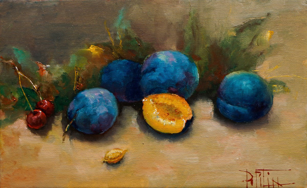 Impressionistic Still Life Oil Painting By Pavel Filin, 16 X 10", Plum, Original Artwork