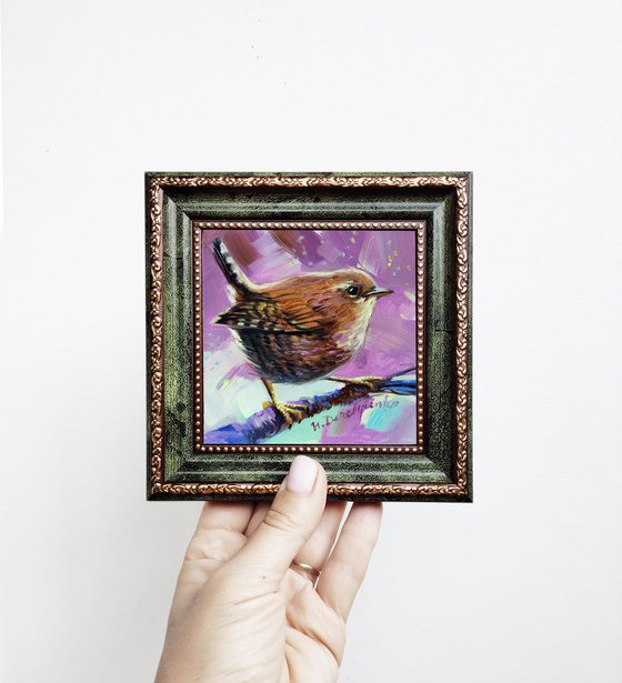 Bird painting 4x4, Wren art original, Mini bird art framed, Tiny birds artwork, Small Bird purple painting oil, Christmas gift for women