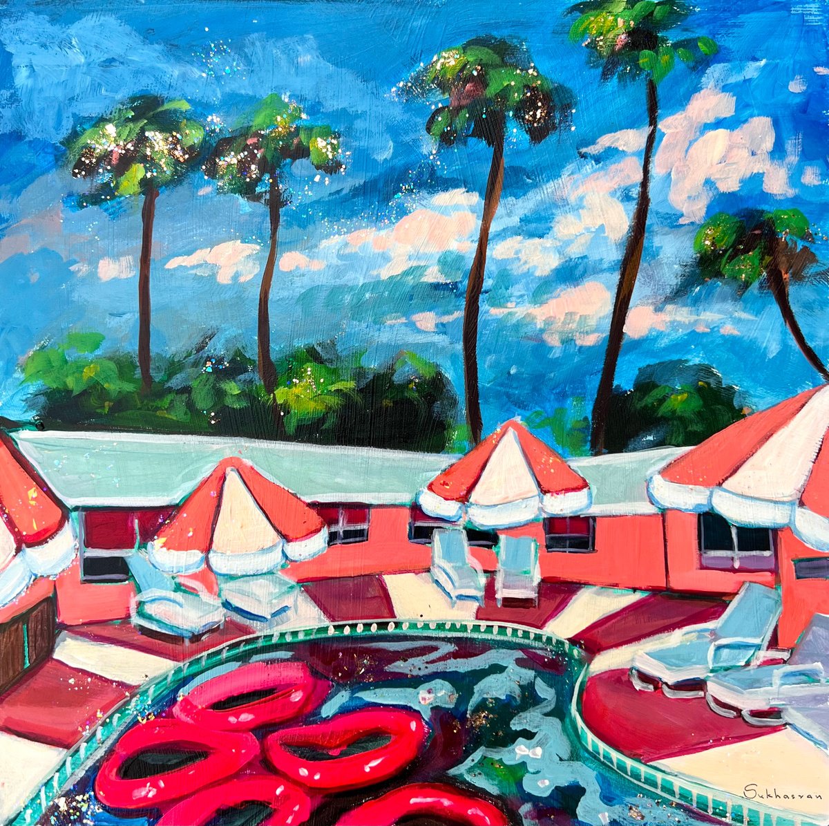 Impressionistic Cityscapes Acrylic Painting By Victoria Sukhasyan, 12 X 12", California. By The Pool, Original Artwork