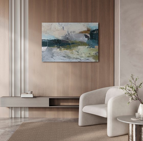 "Fall 5" Gray teal green abstract acrylic art