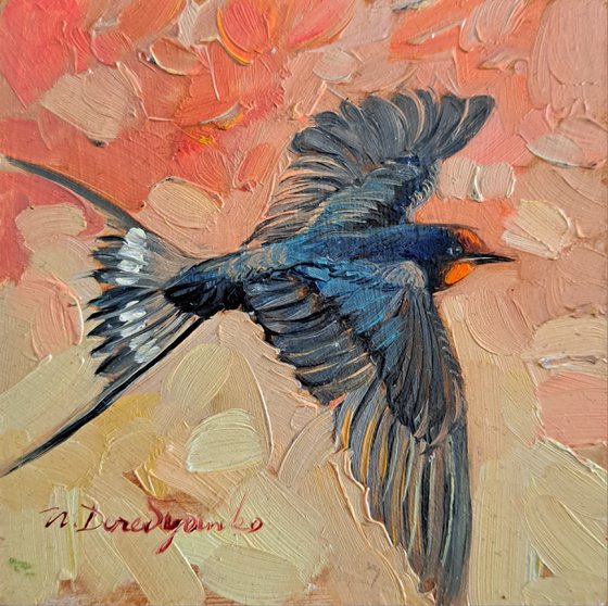 Small bird oil painting original in frame 4x4, Swallow bird picture framed