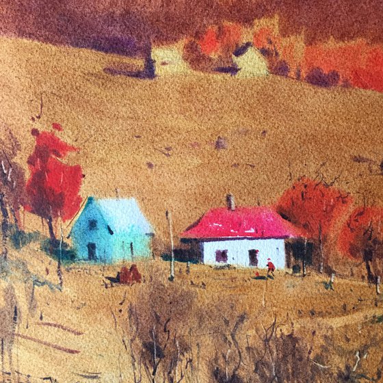 Before sunset in the mountains autumn Original watercolor painting