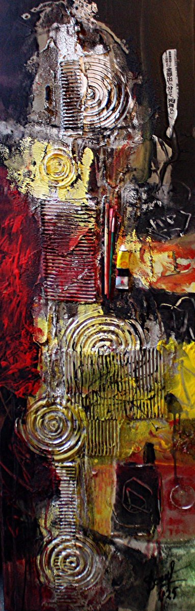 Geometric Abstract Painting By Jacques Donneaud, 16 X 47, Sans Titre Ou Empreintes, Original Artwork