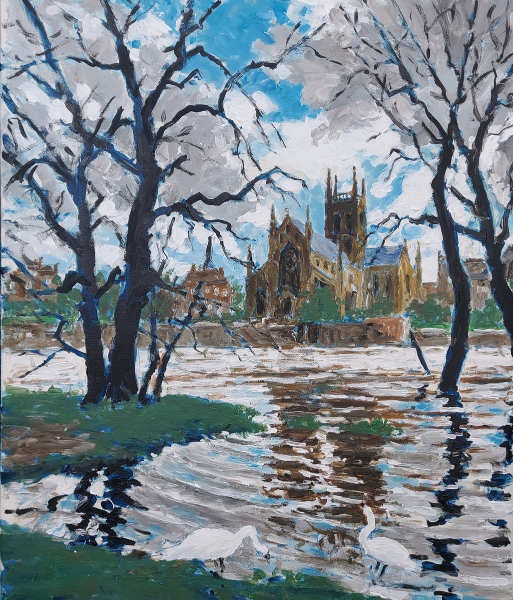 Cityscapes Acrylic Painting By Colin Ross Jack, 20 X 24, Severn In Flood, Worcester, Original Artwork