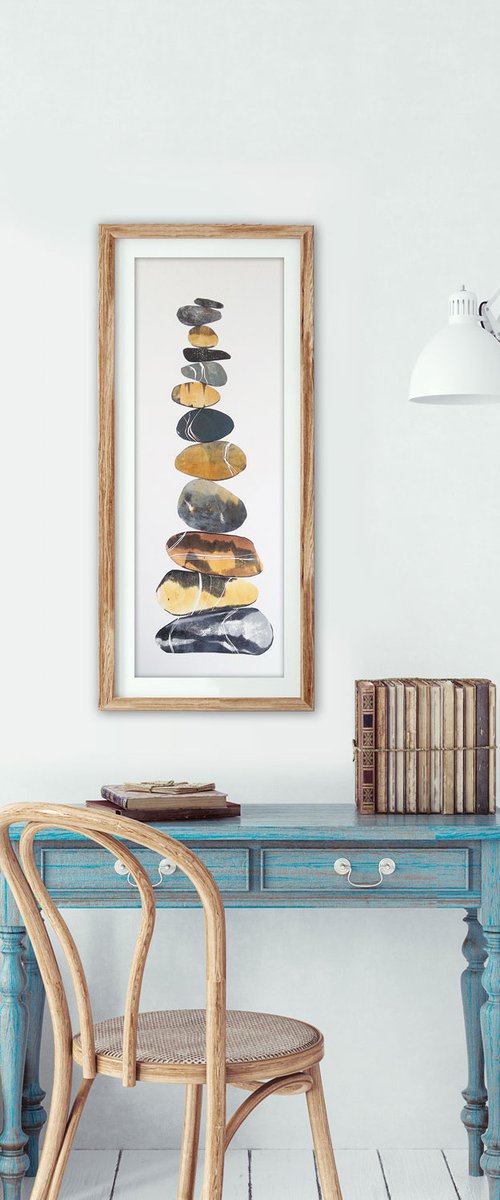Zen stones - Twelve stones #5  ( banded balancing stones lino/monoprint) by Carolynne Coulson
