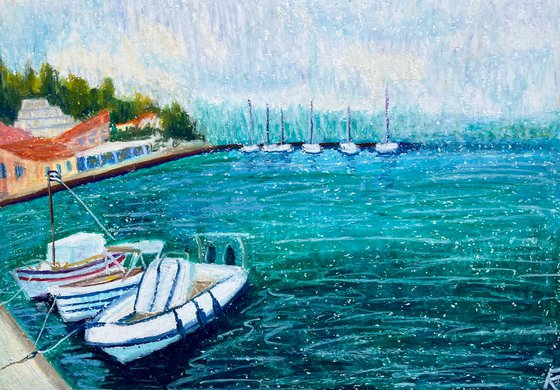 Sea Original Painting, Boats Oil Pastel Drawing, Greece Seascape Art, Blue Home Decor