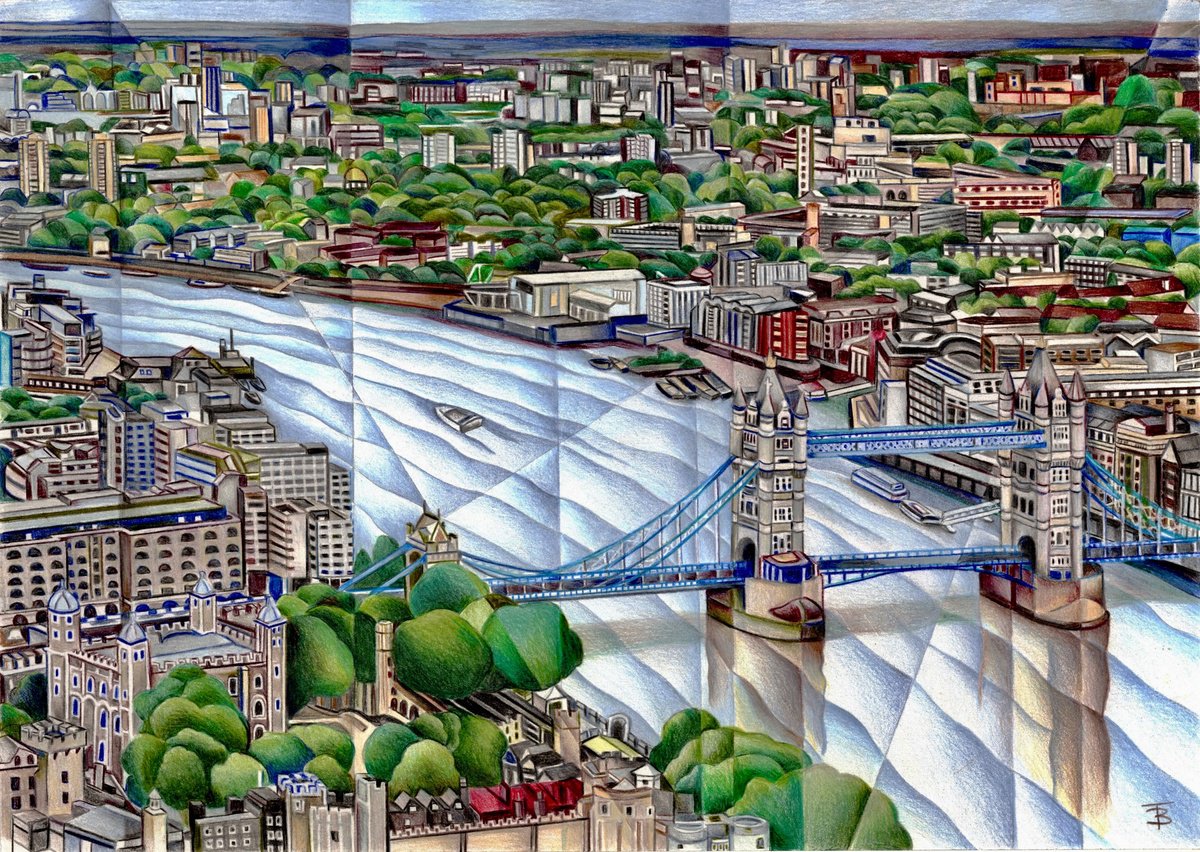 Illustrative Cityscapes Pencil Drawing By Tiffany Budd, 23 X 18", London And Tower Bridge, Original Artwork