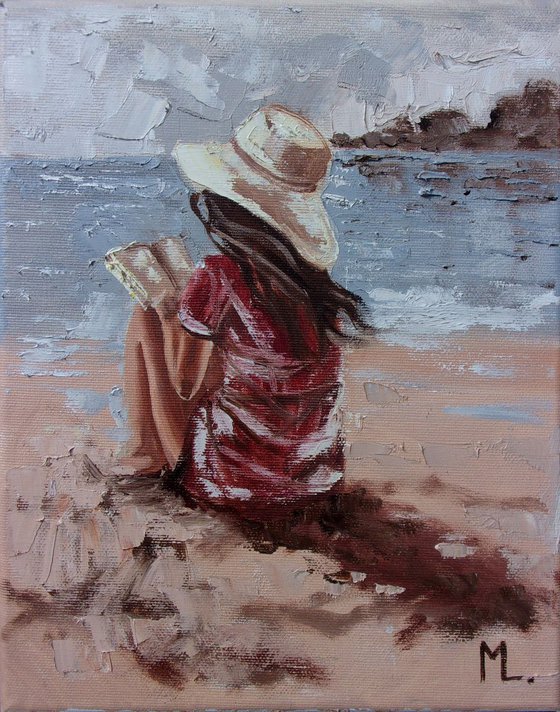 " BOOK LOVER ... XI " original painting sea summer palette knife GIFT brown