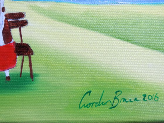 Folk art naive landscape with a cow