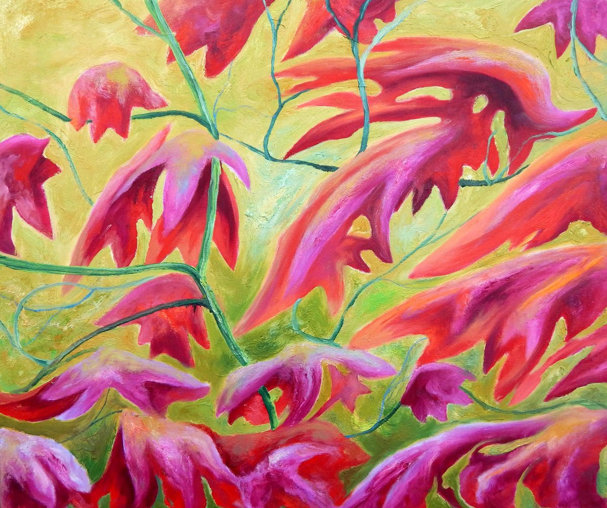 Expressive Botanical Oil Painting By Richard Freer, 24 X 20", Magenta Leaves, Original Artwork