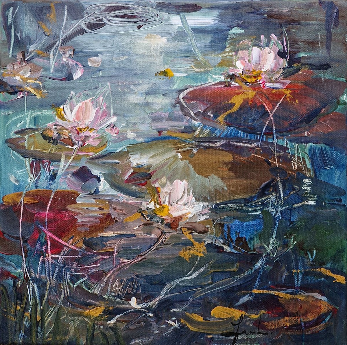 Impressionistic Botanical Acrylic Painting By Irina Laube, 12 X 12, A Little Lily Pond Iii, Original Artwork