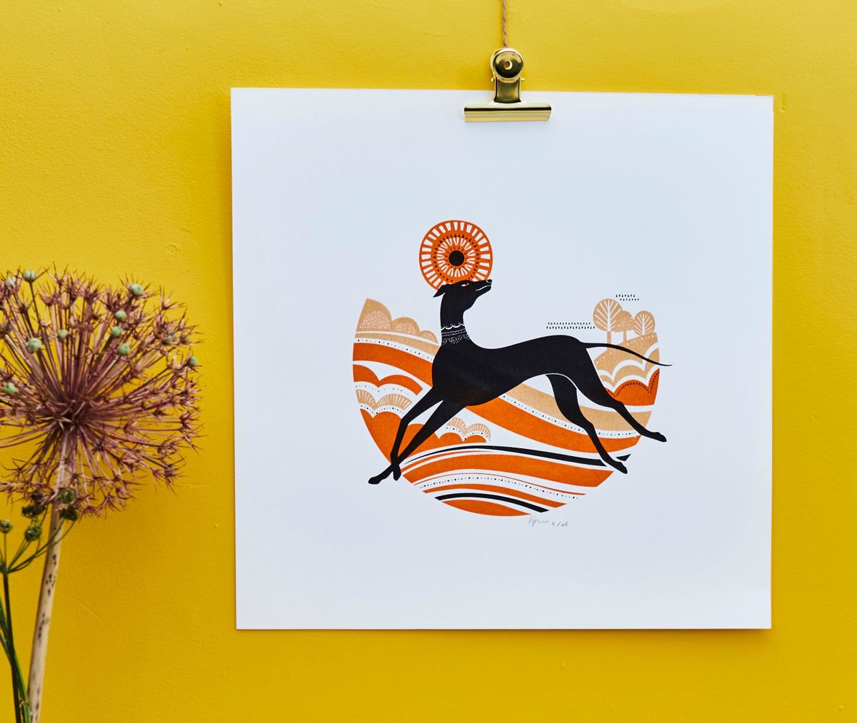 Black Greyhound Whippet Illustration Silkscreen Art Print