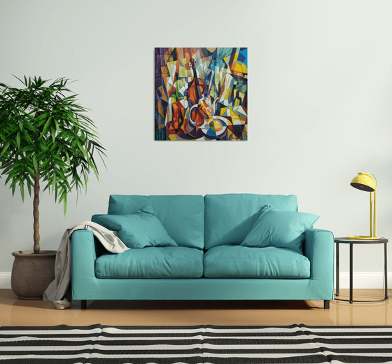 still life with violin (80x80cm, cubism, oil painting, ready to hang)