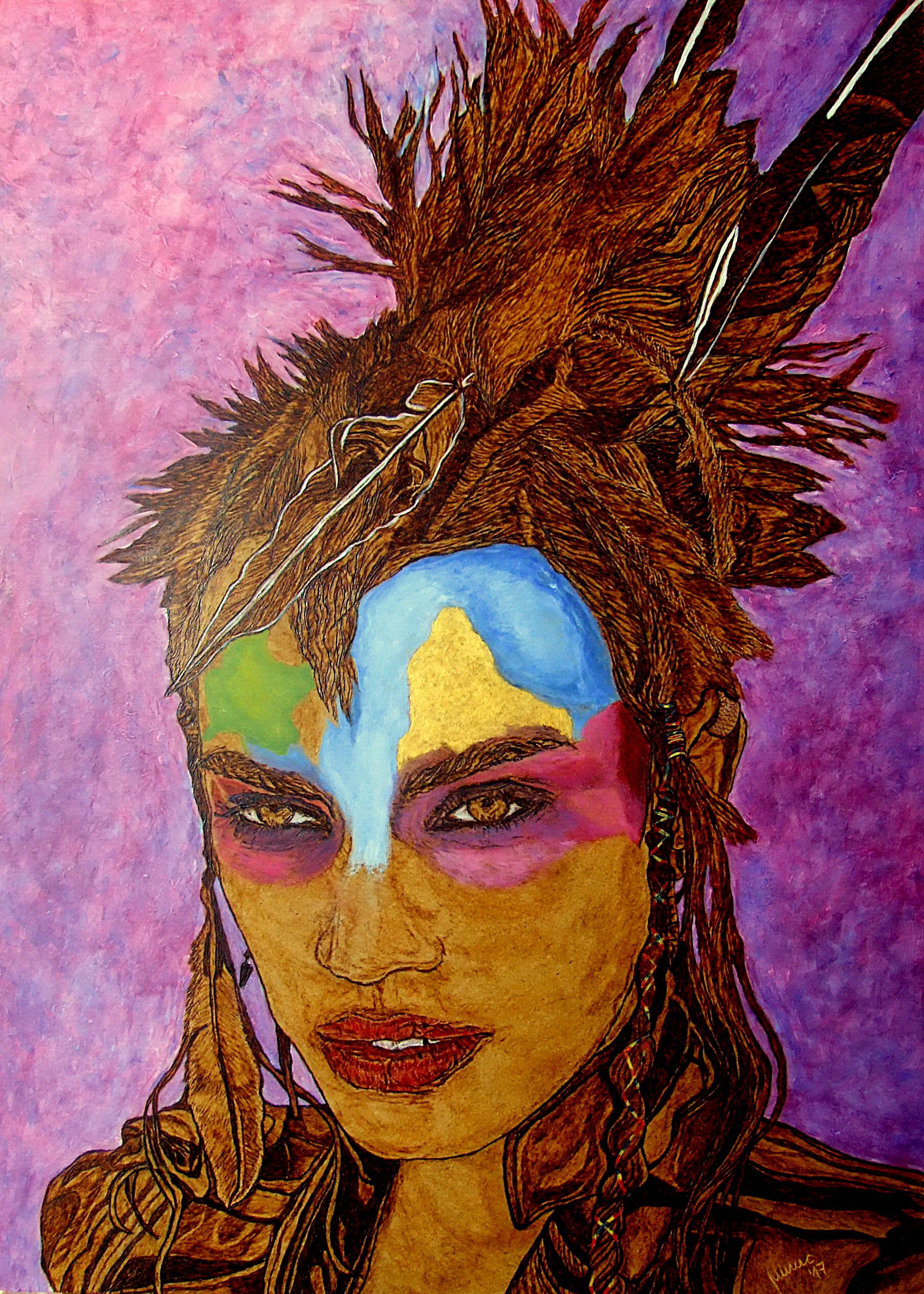 Expressive Portrait Painting By Milis Pyrography, 20 X 28", Waiting For The Night, Original Artwork