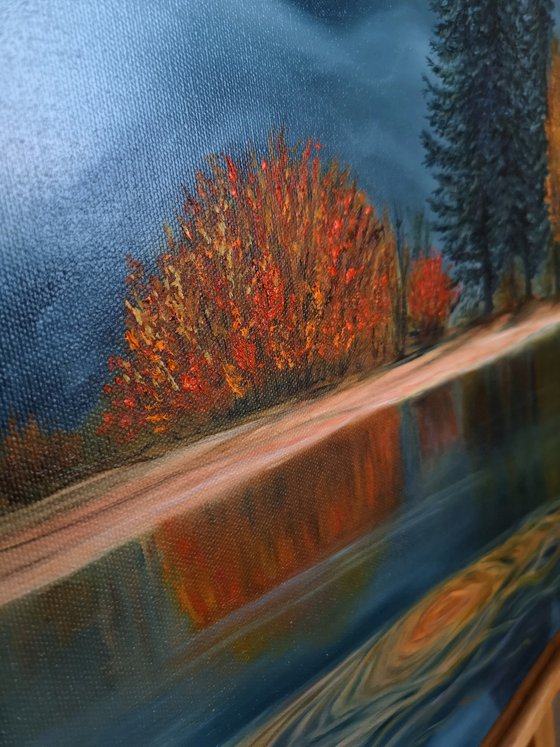 Amber of autumn, oil painting, original gift, home decor, Bedroom, Living Room, Leaves, yellow, reflection in water, Lake, Trees, Log, Mountains, Peace, Meditation