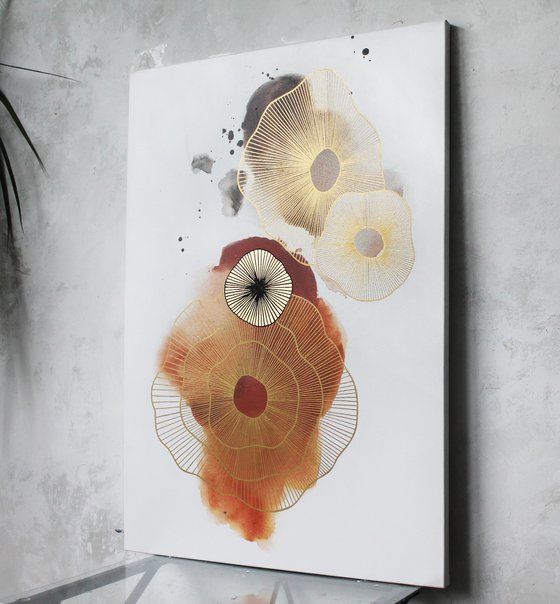 "Golden Molecules 4" Gold orange minimal art