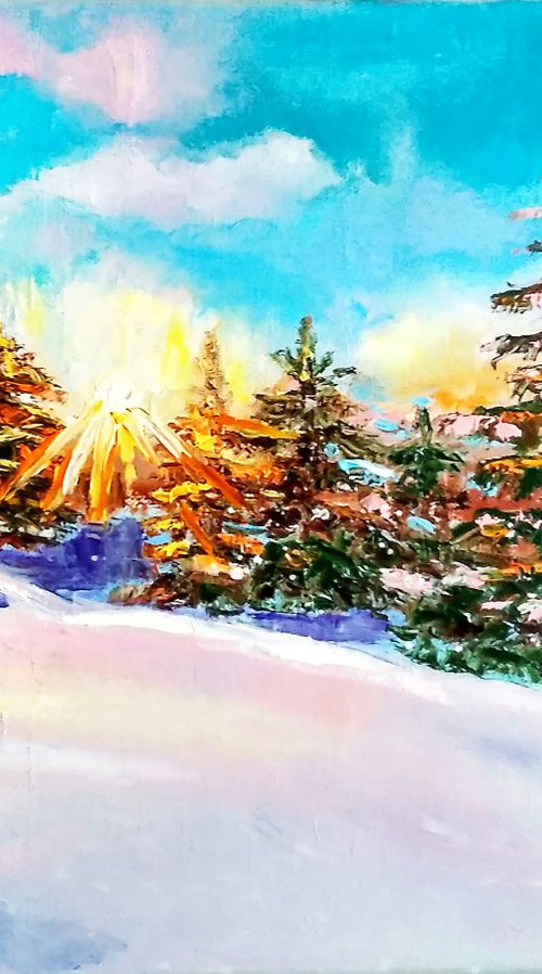 Fabulous winter, Pine Tree Painting Original Art Alaska Artwork Snowy Landscape Wall Art by Yulia Berseneva