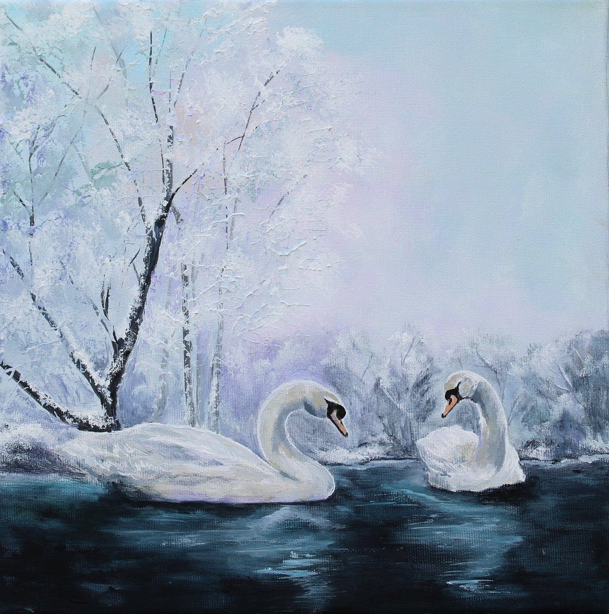 Early Morning Swans By Katerina Koroleva, 12 X 12, Artwork For Sale On Artfinder