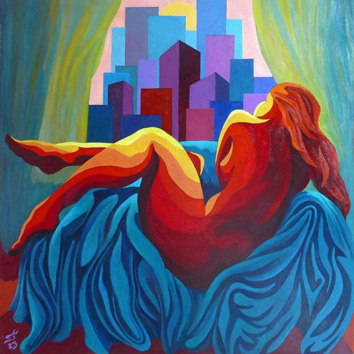 RECLINING NUDE - SUNSET OVER CITY by Stephen Conroy