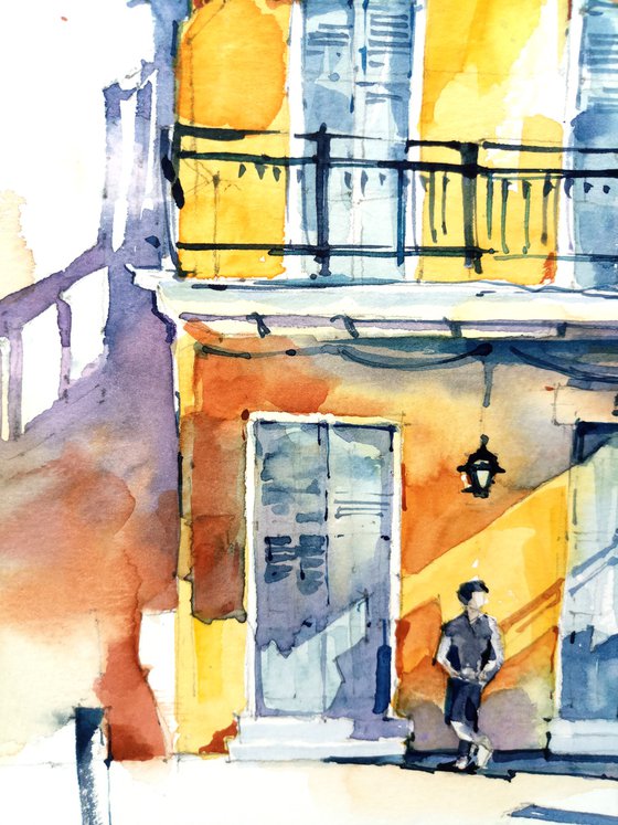 "City landscape with bright houses" Original watercolor painting