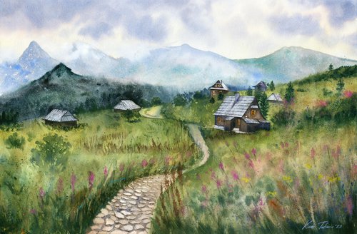 Wooden Cottages Over Tatra Mountains 56x38 by Tetiana Koda