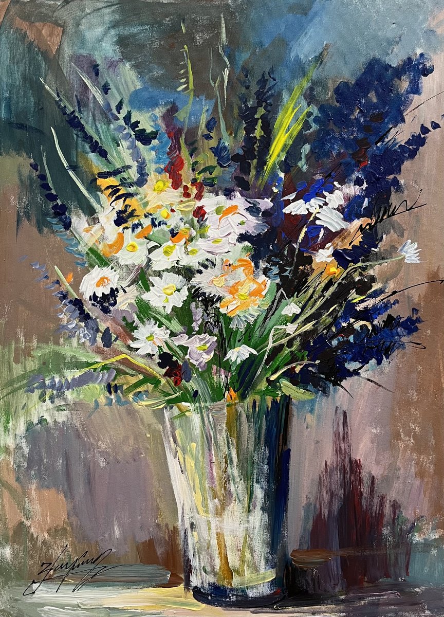 Impressionistic Still Life Oil Painting By Vahe Bagumyan, 20 X 28", Wildflower Symphony, Original Artwork