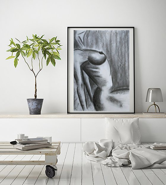 Nude Painting Woman Original Art Female Nude Charcoal Drawing Breast Artwork Home Wall Art 13 by 18" by Halyna Kirichenko