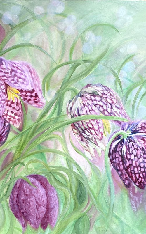 'Revivify'- Snakes Head Fritillary flower Painting by Anita Nowinska