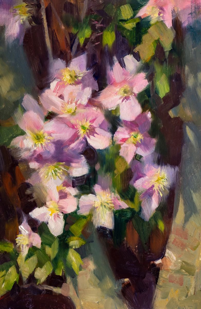’Clematis climbing an Ash Tree’ - Plein Air, Original Oil Painting, One of a kind by Alex Kelly