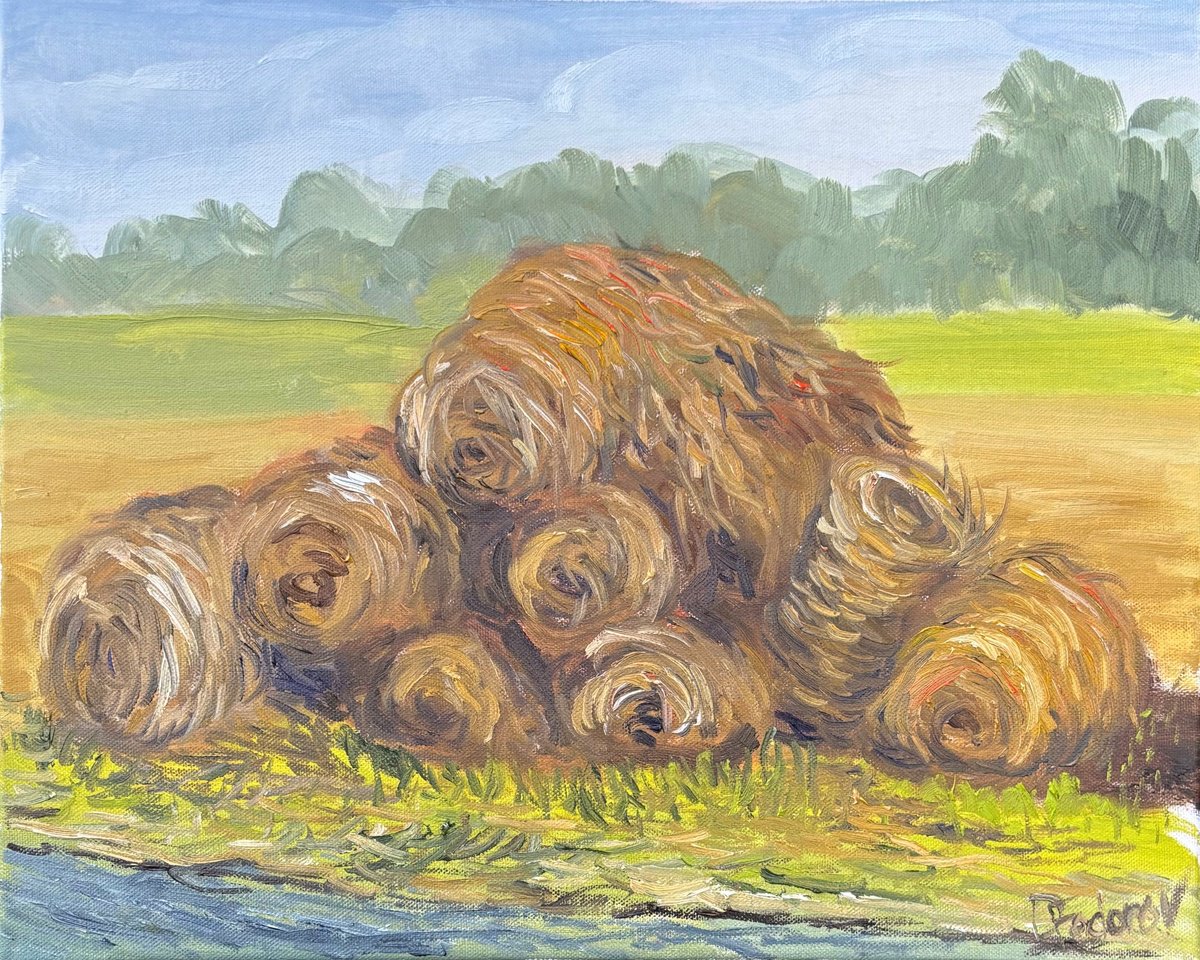 Impressionistic Landscape Oil Painting By Dmitry Fedorov, 20 X 16, Hay Bales. Plein Air, Original Artwork
