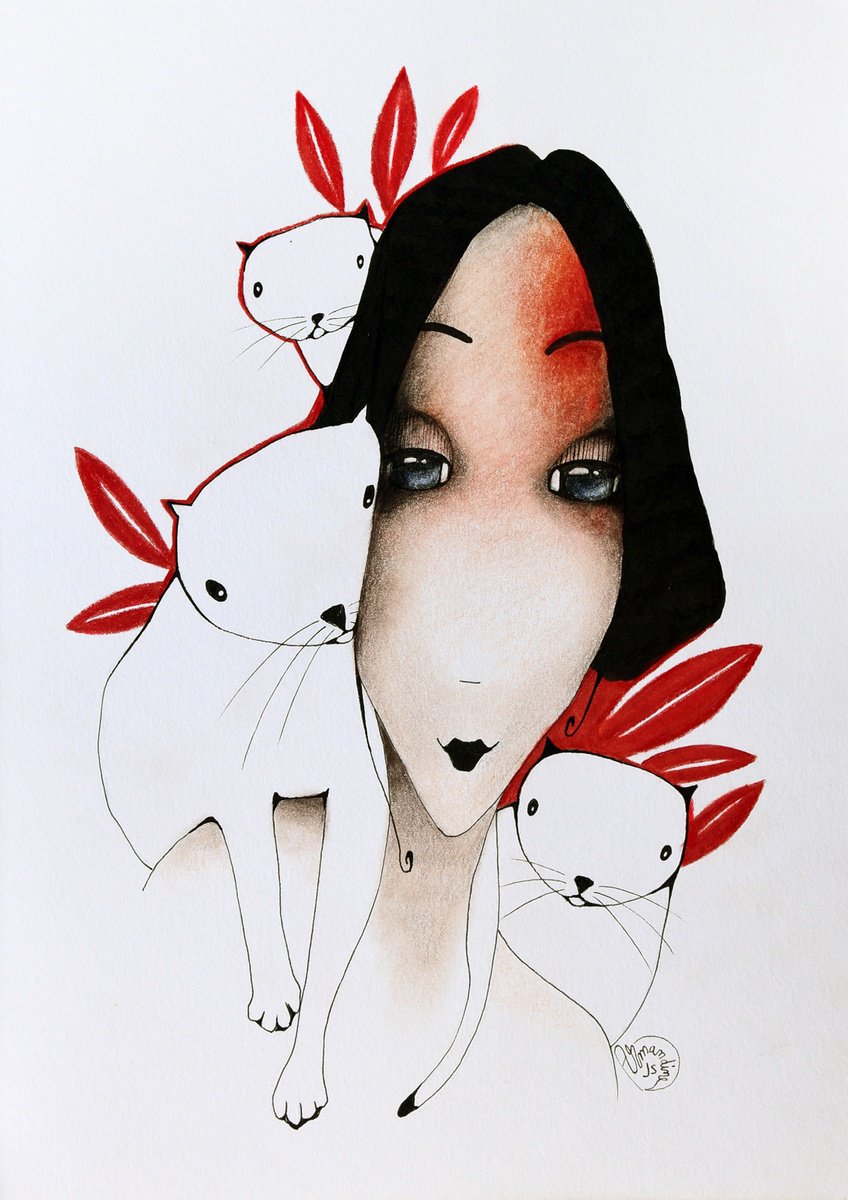 Expressive Portrait Pencil Drawing By Armandine Js, 8 X 12, Invasion Feline 12, Original Artwork