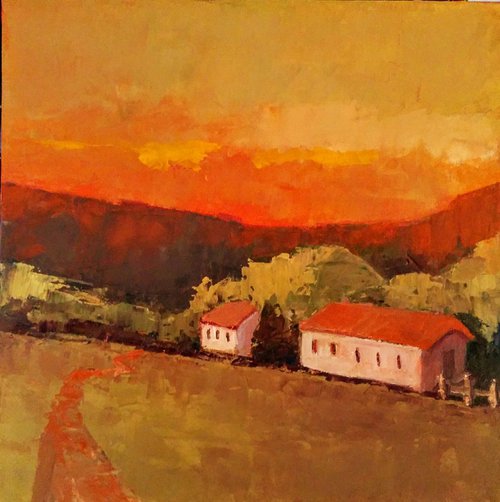 Neighbors on a hillock landscape oil painting by Padmaja Madhu