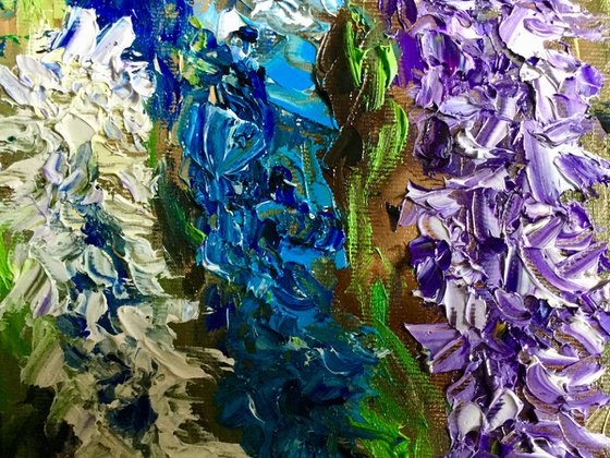 Delphiniums  in Regents Park in London, English garden,  meadow in summer flowers palette  knife modern  flowers office home decor gift
