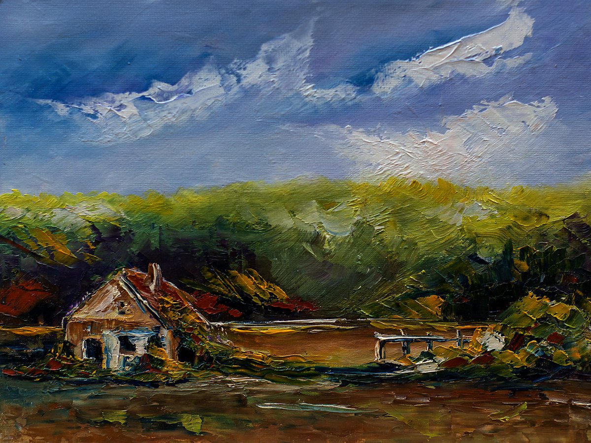 Old abandoned house in landscape. Palette knife arwork by Marinko Saric