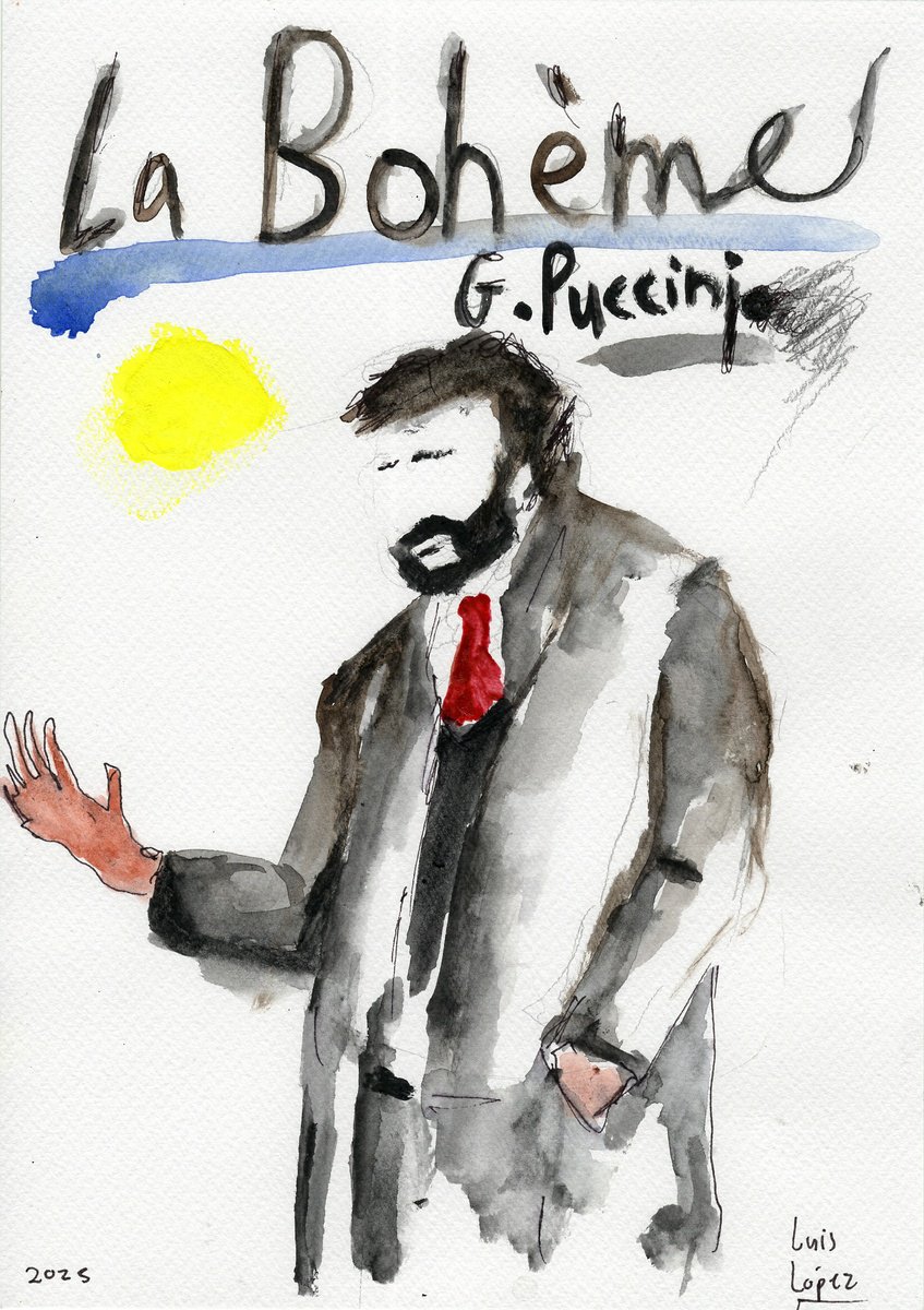 Graphic Portrait Watercolour By Luis Lopez, 9 X 12", La Boheme, Original Artwork