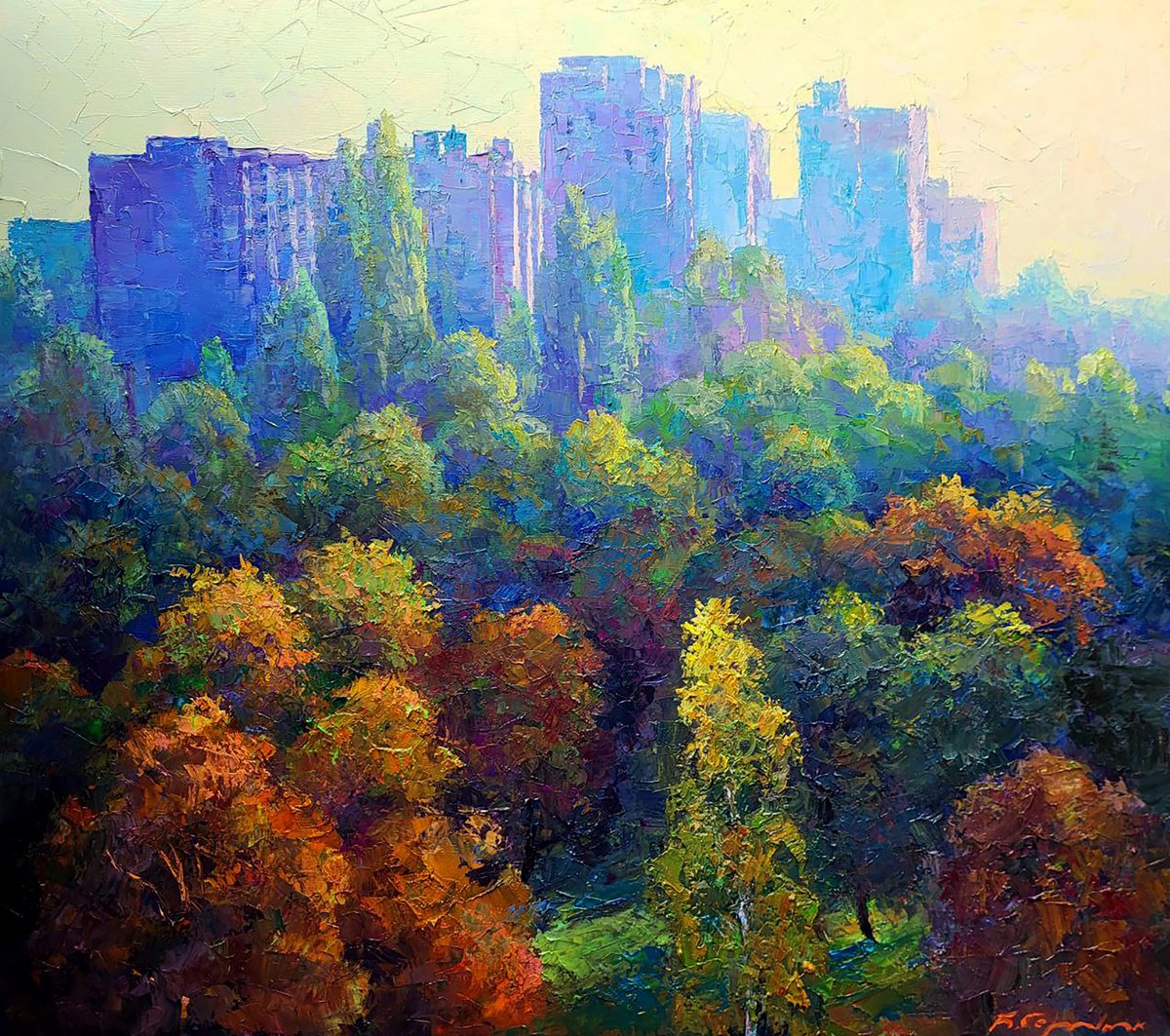 Impressionistic Landscape Oil Painting By Boris Serdyuk, 31 X 28, Morning In The City, Original Artwork