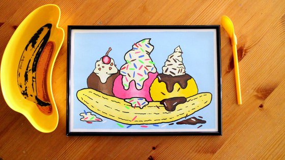 Banana Split Dessert Pop Art Painting On A4 Paper