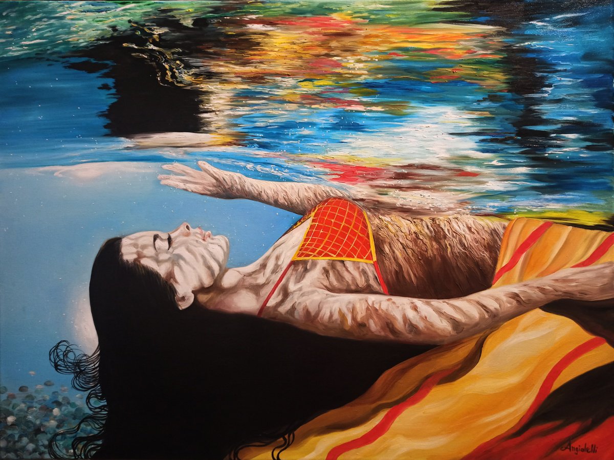 Photorealistic Portrait Oil Painting By Anna Rita Angiolelli, 31 X 24, Underwater Dream, Original Artwork
